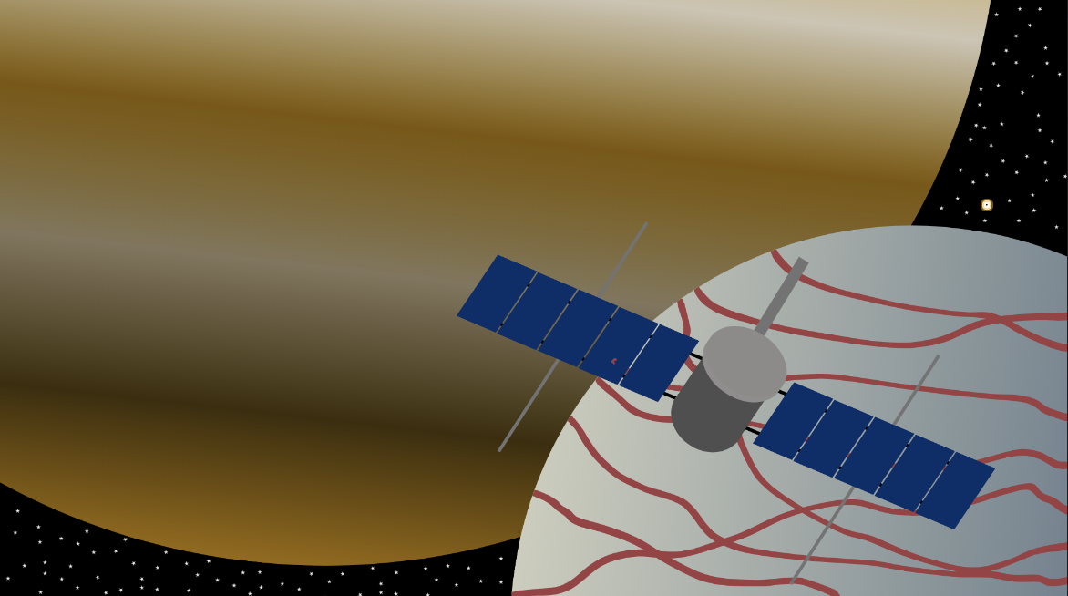 Recreation of NASA’s 3D rendering of the Europa Clipper when it arrives at its destination in Jupiter’s orbit.